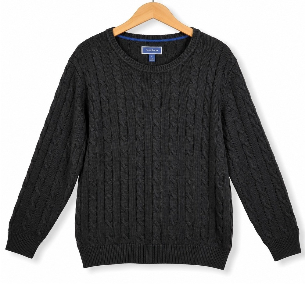 Club Room Cable Crew Mens Large Deep Black Cotton Knit Classic Preppy Office NWT